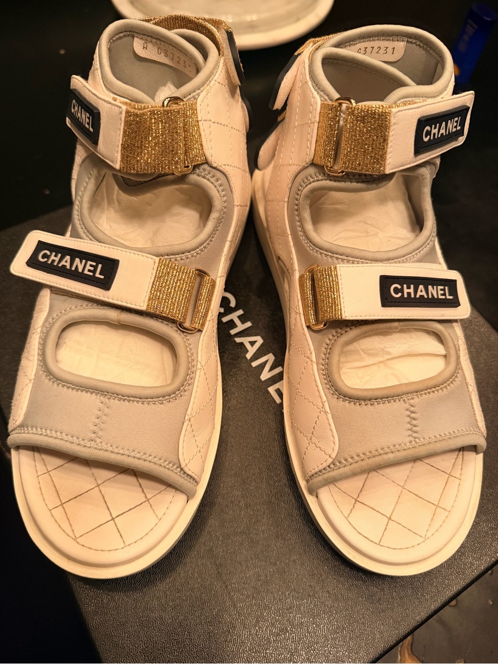 Chanel women’s White & Gold Quilted Sport Sandals - Picture 8 of 8